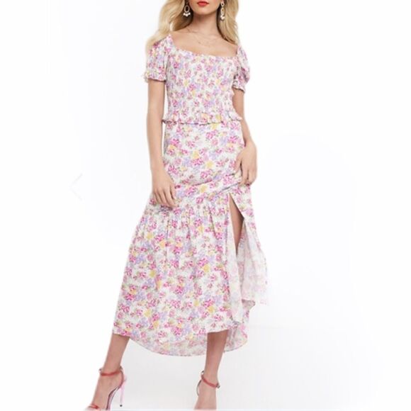 Dark Pink Floral Shirred Off The Shoulder Maxi Dress New Size 8 - Picture 1 of 12